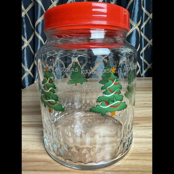 Vintage KIG Glass Canister  Jar With Lid Christmas Trees Made In Indonesia - Picture 3 of 6